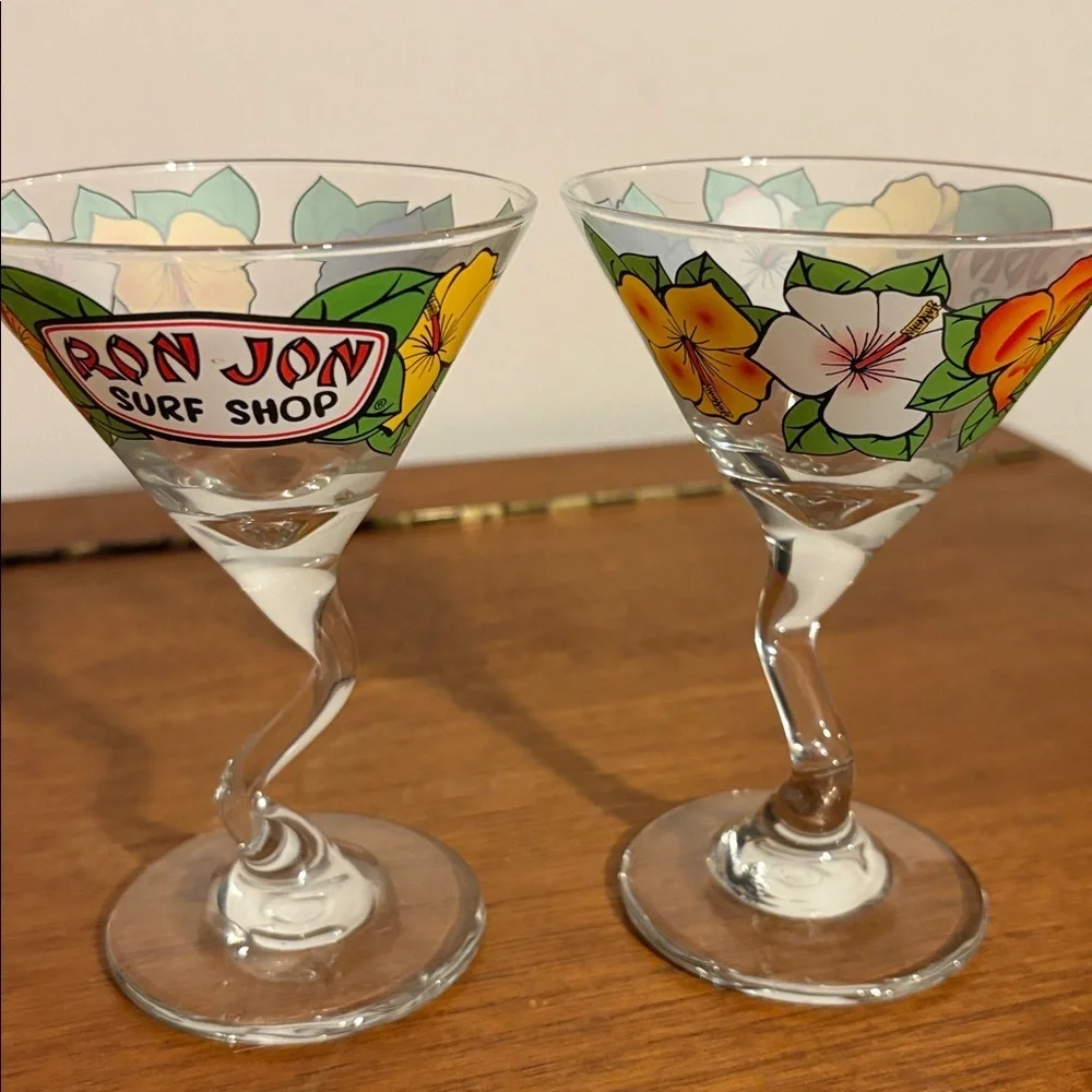 Y2K Era Ron Jon Surf Shop Retro Bent Stem Martini Glass 2 Matching Hibiscus Cute